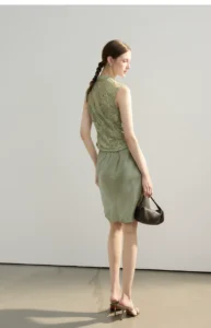 New Chinese style cigarette green suit with stand up collar lace top/vinegar half skirt