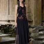 Narrow shoulder slimming top, umbrella hanging skirt