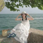 French Navigation Heavy Industry Flower White Embroidery Set Half Skirt