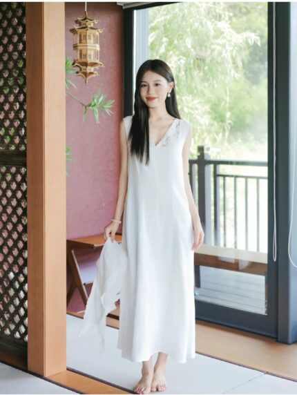 Pure linen lotus hollow embroidery sleeveless straight tube new Chinese style dress
