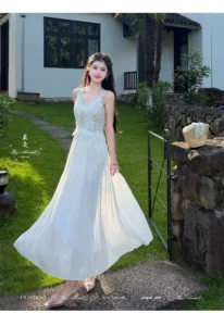 Lace chiffon pleated waist dress V-neck camisole skirt