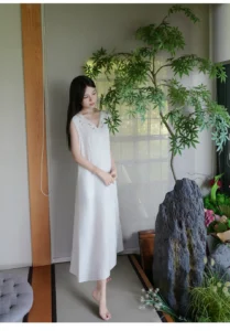 Pure linen lotus hollow embroidery sleeveless straight tube new Chinese style dress
