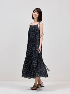 100% mulberry silk floral black A-line length fake style suspender dress
