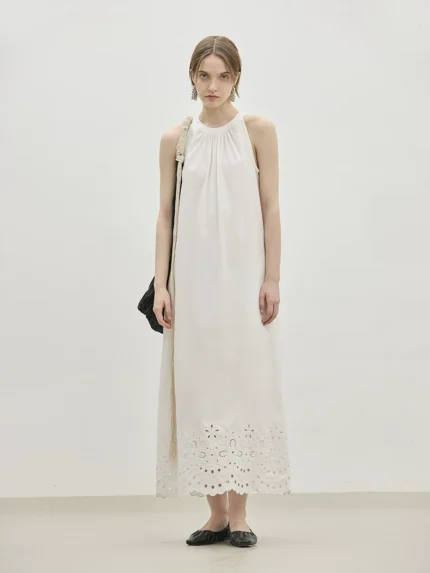 Vacation style hanging neck pure cotton A-line skirt