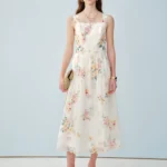 Printed mulberry silk linen French embroidery suspender dress