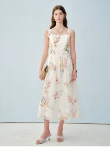 Printed mulberry silk linen French embroidery suspender dress