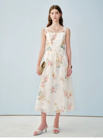 Printed mulberry silk linen French embroidery suspender dress