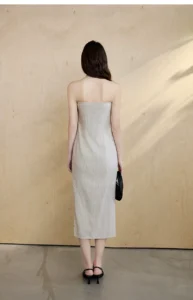 French folding strapless dress with cotton linen blend stripes and sleeveless skirt