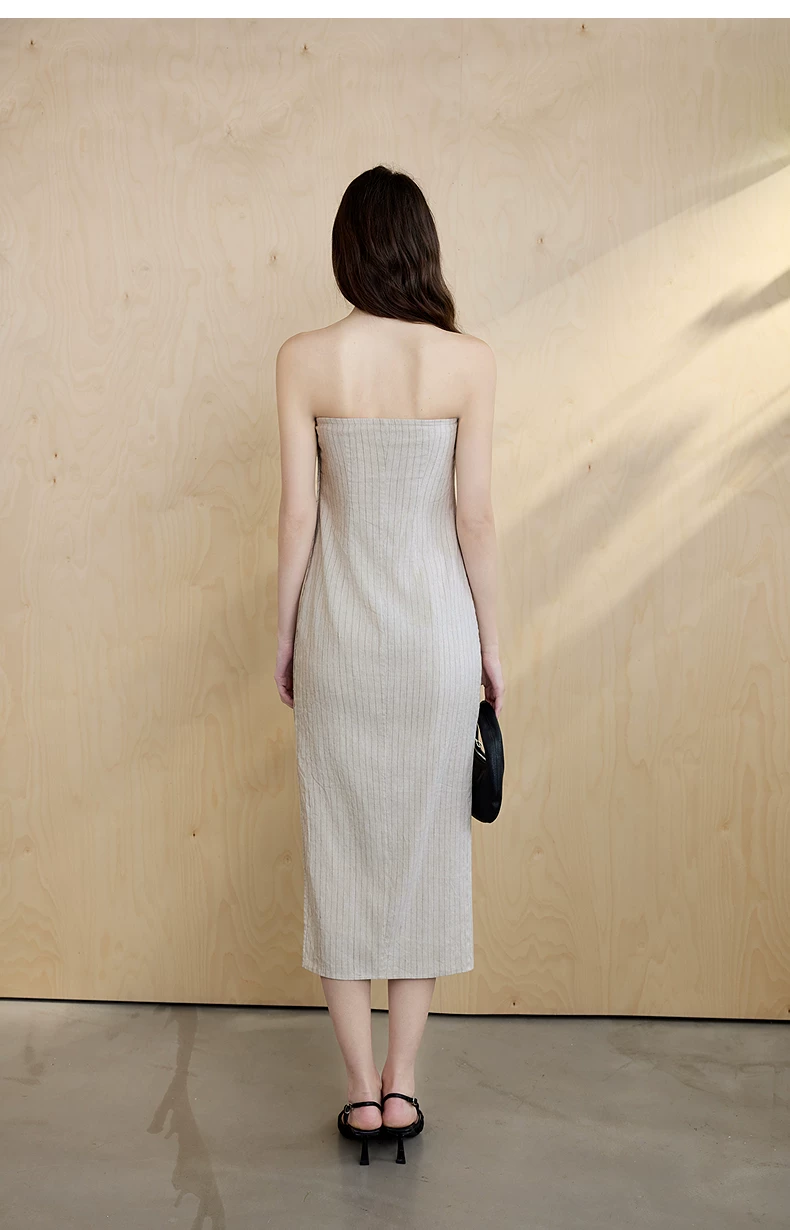 French folding strapless dress with cotton linen blend stripes and sleeveless skirt French folding strapless dress with cotton linen blend stripes and sleeveless skirt