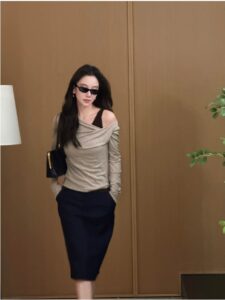 Tencel wool fake two off shoulder long sleeved knitted sweater for women