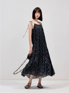 100% mulberry silk floral black A-line length fake style suspender dress