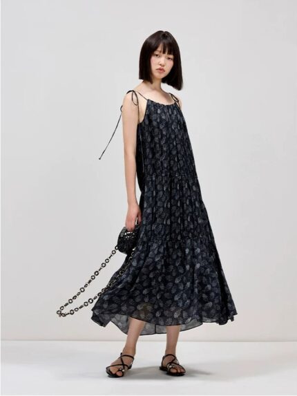 100% mulberry silk floral black A-line length fake style suspender dress