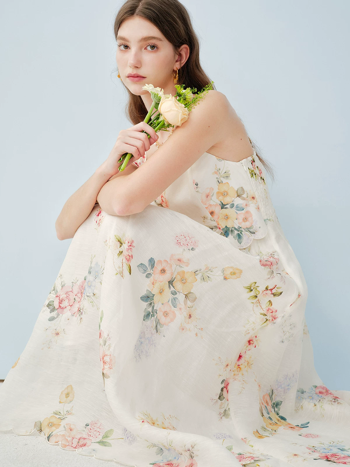 Printed mulberry silk linen French embroidery suspender dress!!410509663 Printed mulberry silk linen French embroidery suspender dress