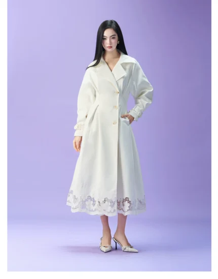 Original design: Heavy industry hollowed out flower embroidery waist cinching white long windbreaker
