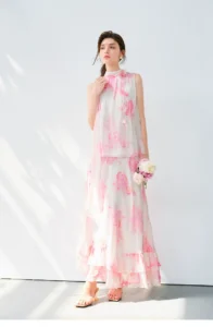 Silk set women's 2026 summer new top, half body long skirt two-piece set