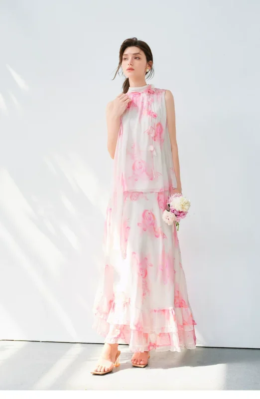 Silk set women's 2026 summer new top, half body long skirt two-piece set