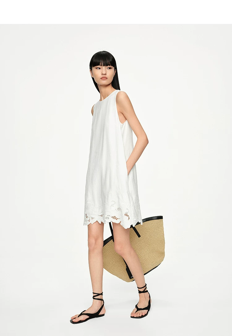 Dress Tencel linen lightweight hollow embroidery A-line white skirt Dress Tencel linen lightweight hollow embroidery A-line white skirt