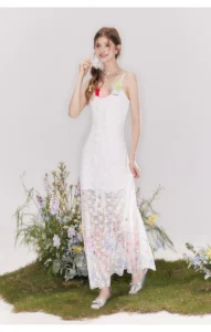 French lace fishtail skirt with waist cinching flower decoration suspender skirt