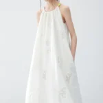 Hollow embroidery bead fake two pieces of pure white lace sleeveless vest hanging neck dress