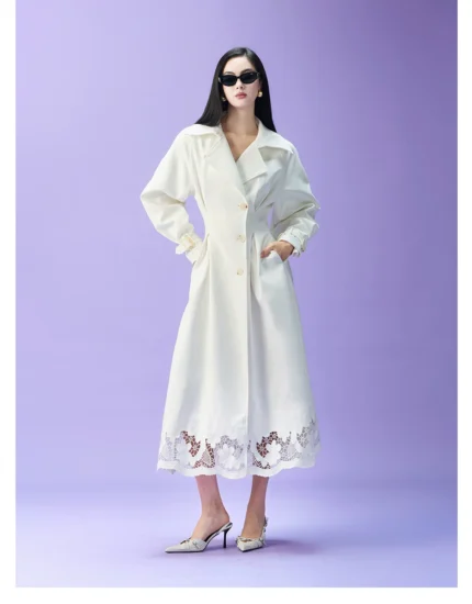 Original design: Heavy industry hollowed out flower embroidery waist cinching white long windbreaker