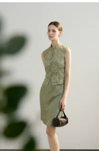 New Chinese style cigarette green suit with stand up collar lace top/vinegar half skirt