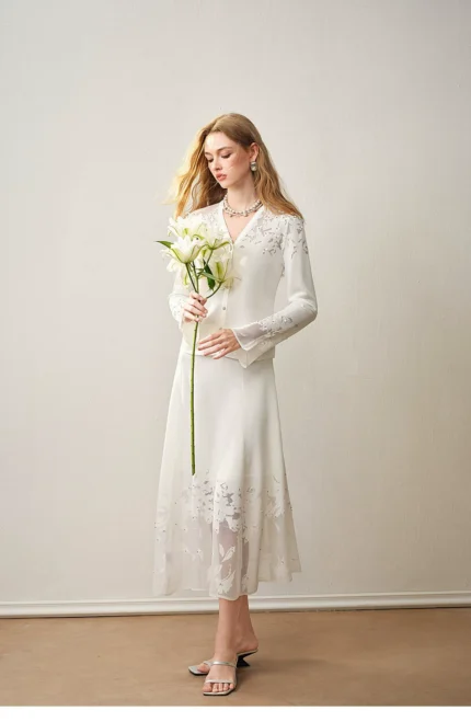 Spring New Hollow Jacquard Cardigan Skirt Set