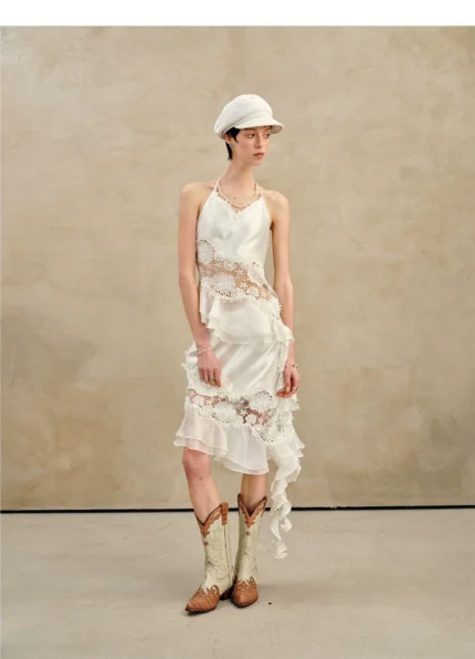 Holiday pearl lace waist slanted suspender hanging neck vest top