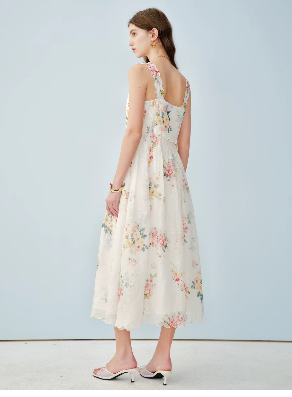 Printed mulberry silk linen French embroidery suspender dress Printed mulberry silk linen French embroidery suspender dress
