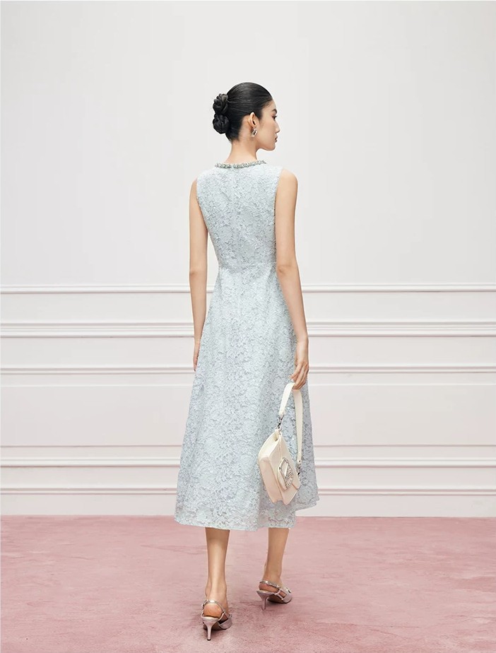 Floating Light Flower Shadow Heavy Industry Nail Bead Blue Lace Sleeveless Dress Floating Light Flower Shadow Heavy Industry Nail Bead Blue Lace Sleeveless Dress