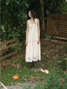 V-neck French retro romantic lace patchwork dress
