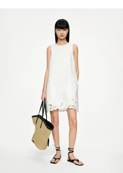 Dress Tencel linen lightweight hollow embroidery A-line white skirt