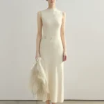 French lace embroidered semi high neck sleeveless slim fit dress