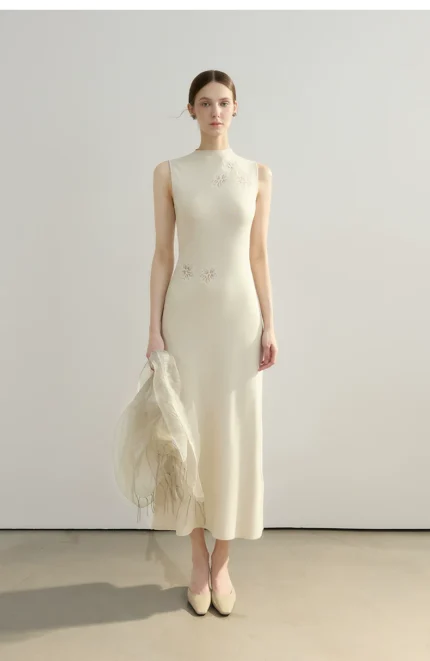 French lace embroidered semi high neck sleeveless slim fit dress
