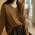 Lyocell+linen/hollow crochet texture V-neck pullover knitted sweater for women
