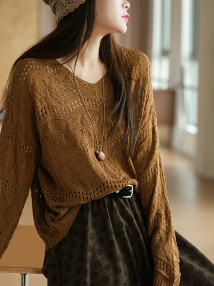 Lyocell+linen/hollow crochet texture V-neck pullover knitted sweater for women