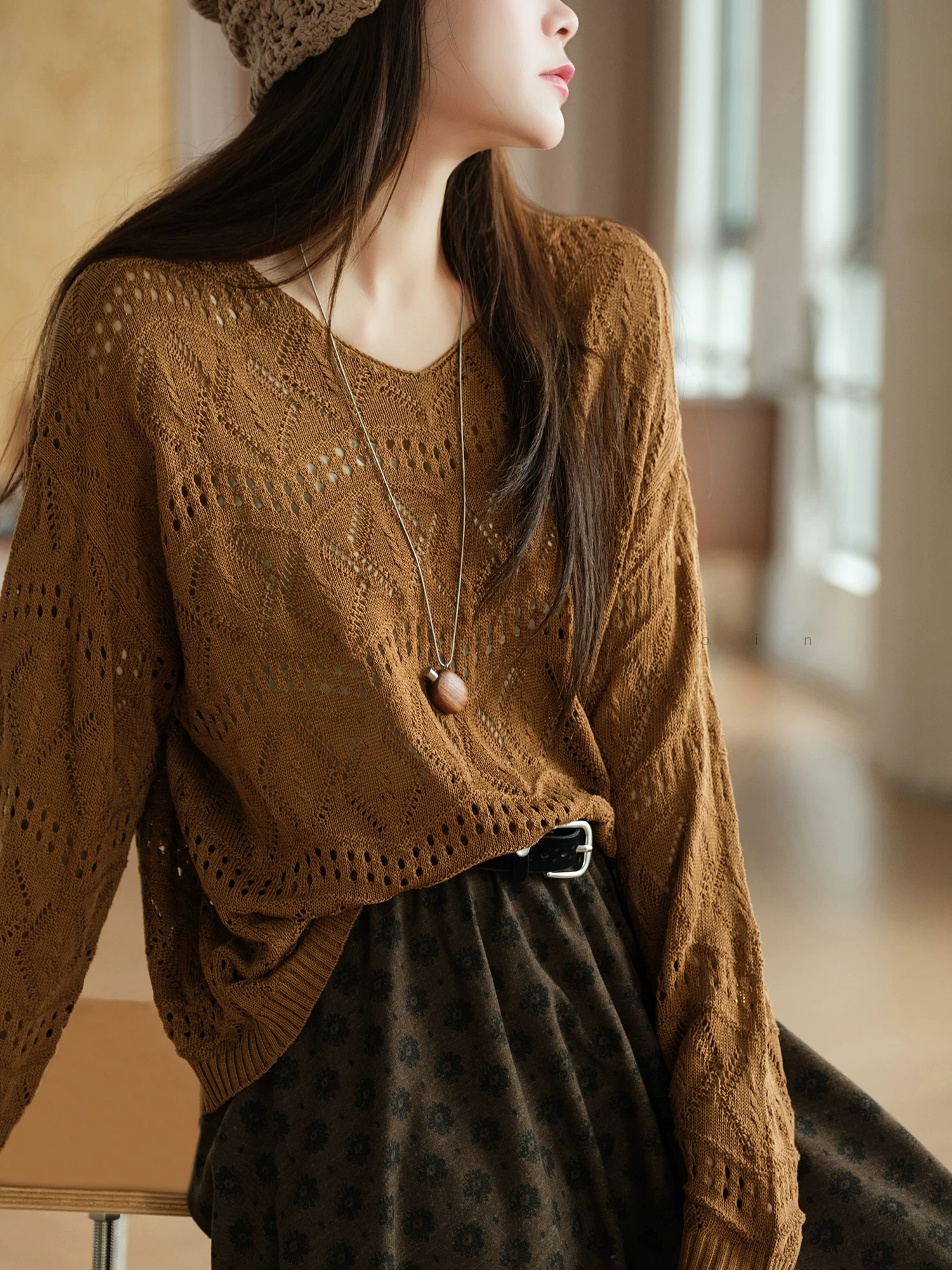 Lyocell+linen/hollow crochet texture V-neck pullover knitted sweater for women Lyocell+linen/hollow crochet texture V-neck pullover knitted sweater for women