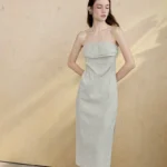 French folding strapless dress with cotton linen blend stripes and sleeveless skirt