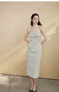 French folding strapless dress with cotton linen blend stripes and sleeveless skirt