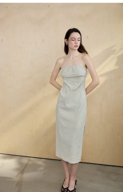French folding strapless dress with cotton linen blend stripes and sleeveless skirt