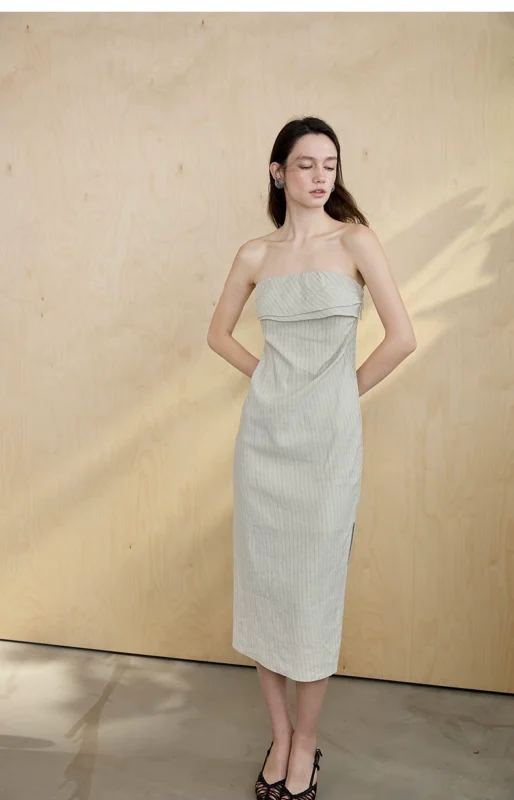 French folding strapless dress with cotton linen blend stripes and sleeveless skirt