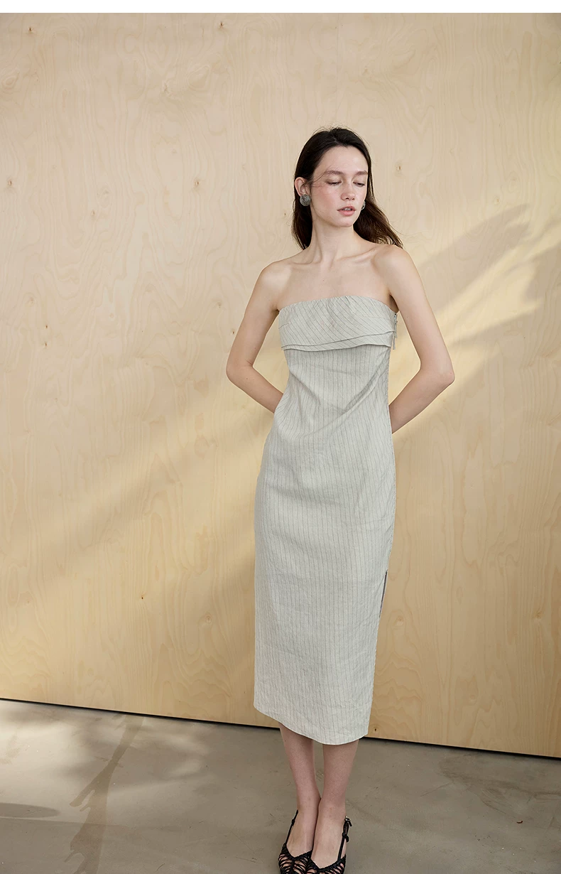 French folding strapless dress with cotton linen blend stripes and sleeveless skirt French folding strapless dress with cotton linen blend stripes and sleeveless skirt