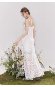 French lace fishtail skirt with waist cinching flower decoration suspender skirt