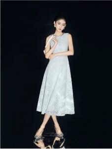 Floating Light Flower Shadow Heavy Industry Nail Bead Blue Lace Sleeveless Dress
