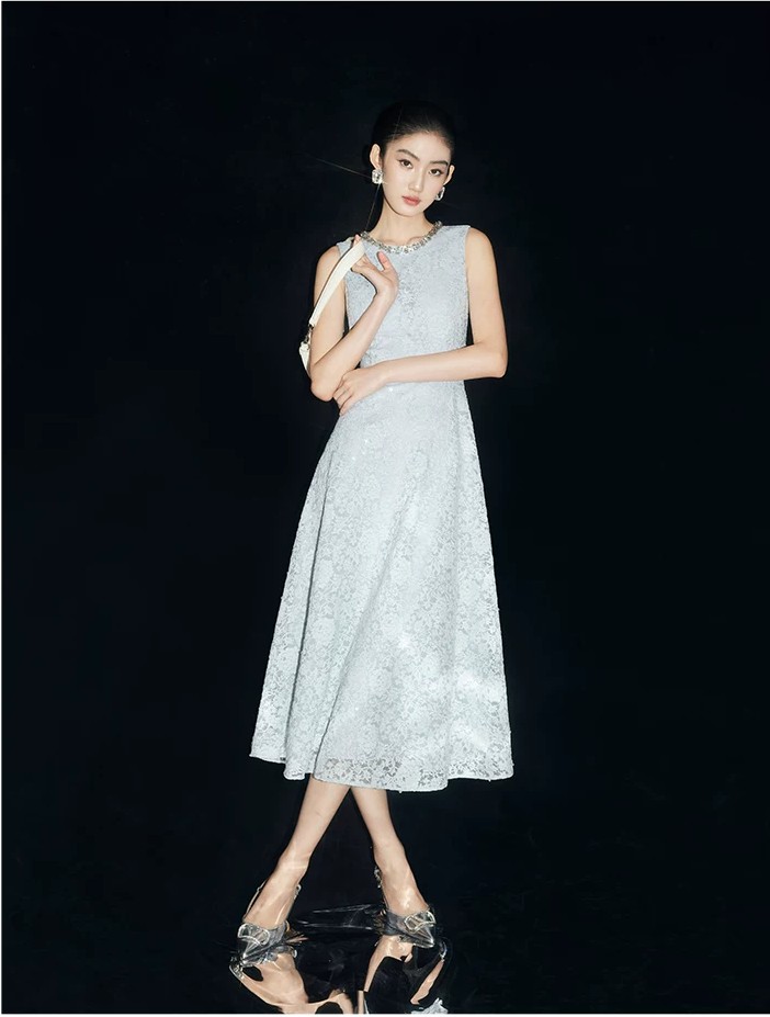 Floating Light Flower Shadow Heavy Industry Nail Bead Blue Lace Sleeveless Dress Floating Light Flower Shadow Heavy Industry Nail Bead Blue Lace Sleeveless Dress
