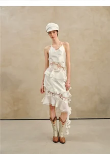 Holiday pearl lace waist slanted suspender hanging neck vest top