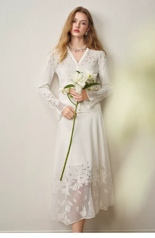 Spring New Hollow Jacquard Cardigan Skirt Set