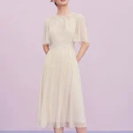 Spring and summer new French V-neck pleated long skirt