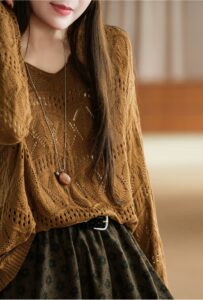 Lyocell+linen/hollow crochet texture V-neck pullover knitted sweater for women