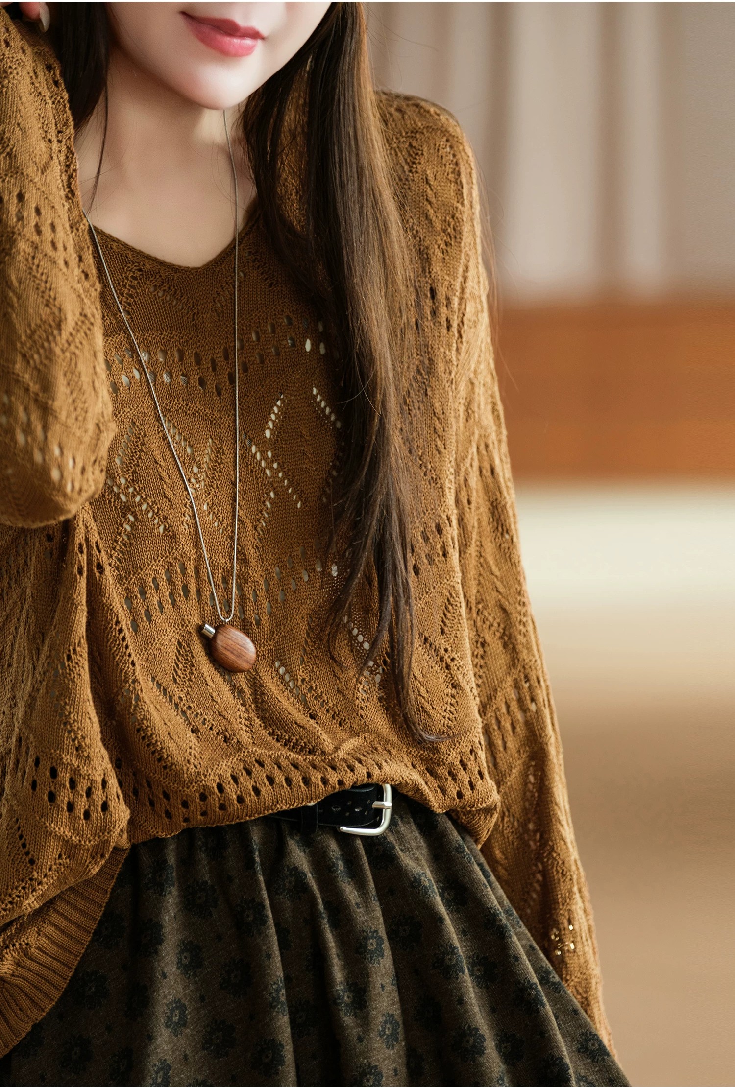 Lyocell+linen/hollow crochet texture V-neck pullover knitted sweater for women Lyocell+linen/hollow crochet texture V-neck pullover knitted sweater for women