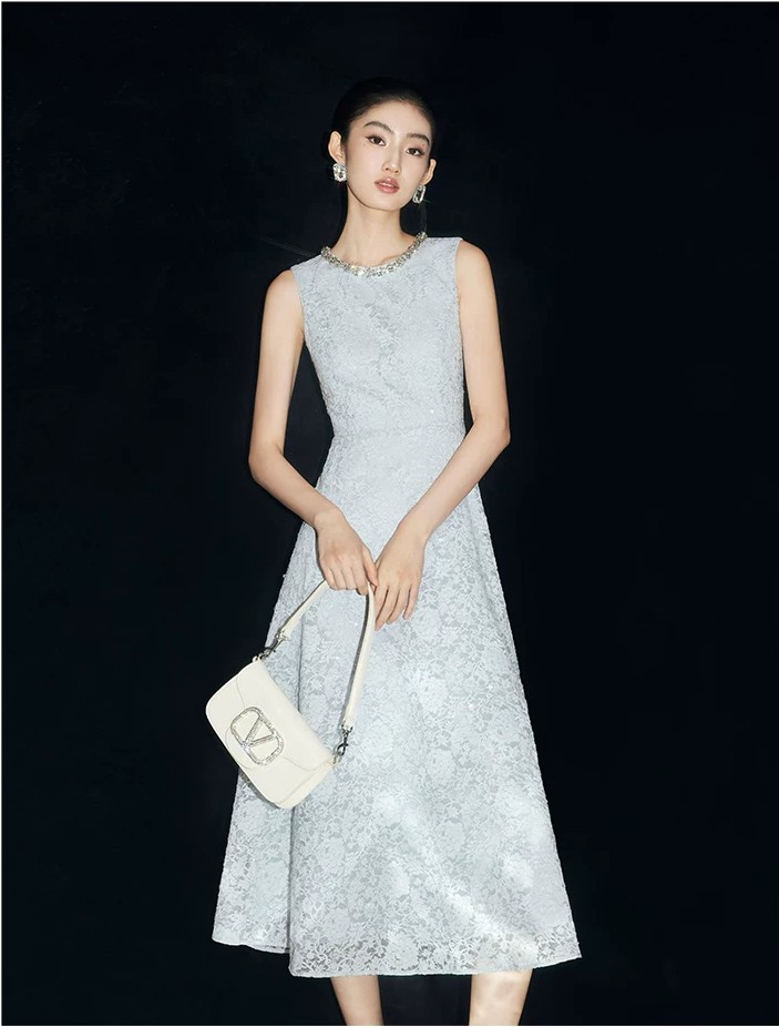 Floating Light Flower Shadow Heavy Industry Nail Bead Blue Lace Sleeveless Dress Floating Light Flower Shadow Heavy Industry Nail Bead Blue Lace Sleeveless Dress